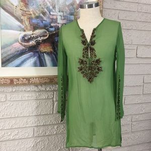 Inca 100% Silk Sheer Beaded Trim Coverup Tunic Top